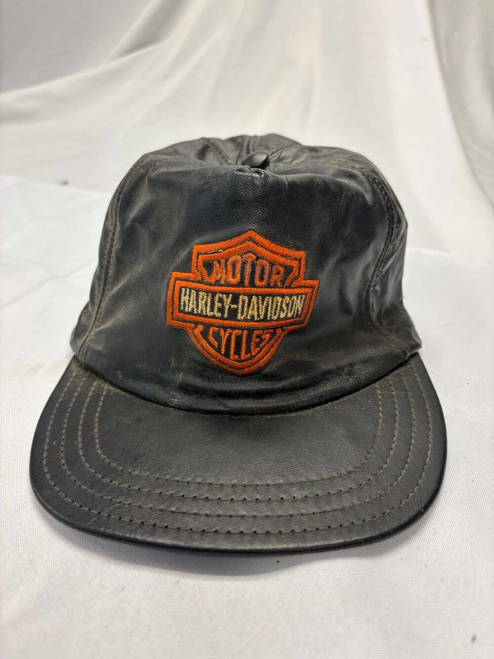 Harley Davidson Leather Cap One Size Fits All Black Embroidered Logo